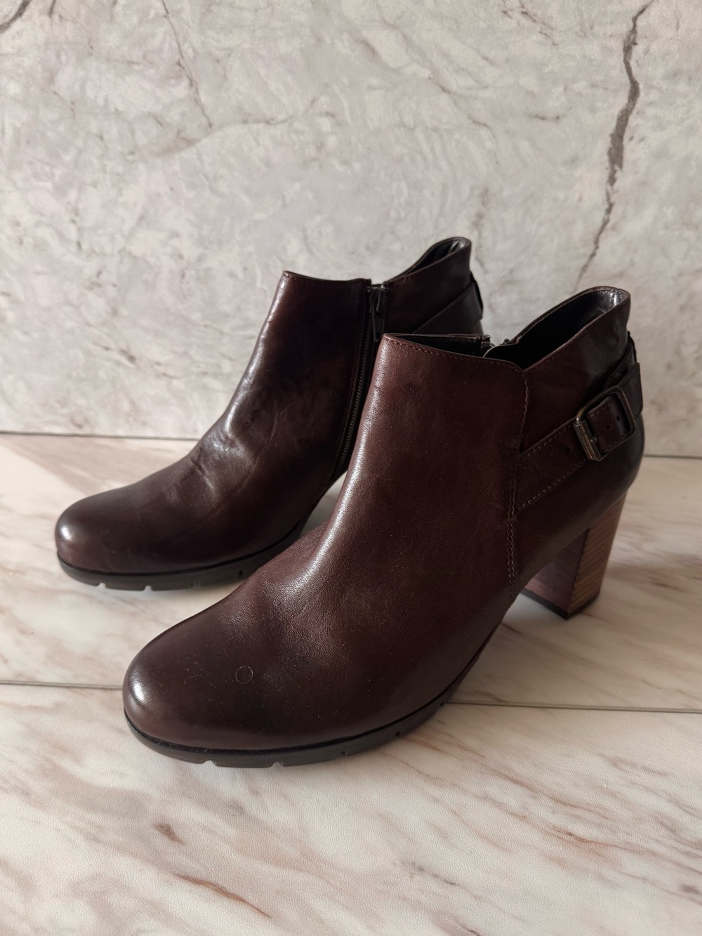 Paul Green München Brown Leather Ankle Boots Booties Block Heel US 9